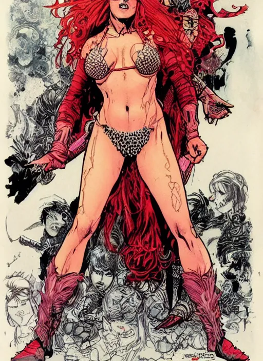 Prompt: comic cover art by david mack and michael kaluta, red sonja full body, tight fit, vivid vector colors, russian female, perfectly symmetrical facial features, hyperdetailed, bleed, spatter, india ink, bill sienkiewicz