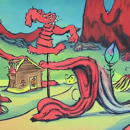 Prompt: painting of a landscape by dr seuss | horror themed | creepy