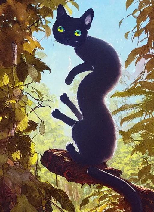 Image similar to a hyper realistic ink cat alien technology and sunbeams blue sky, lush forest foliage painting by chiara bautista and norman rockwell and greg rutkowski weta studio, and lucasfilm