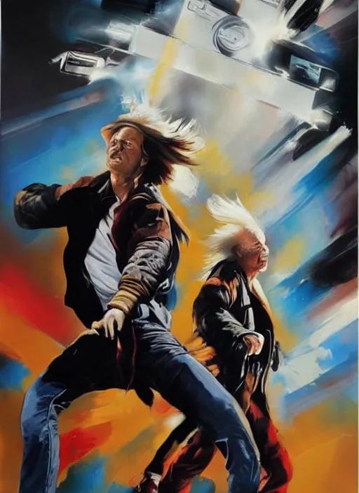 Prompt: doc brown and marty mcfly, painting by phil hale, fransico goya,'action lines '!!!, graphic style, visible brushstrokes, motion blur, blurry, visible paint texture, crisp hd image