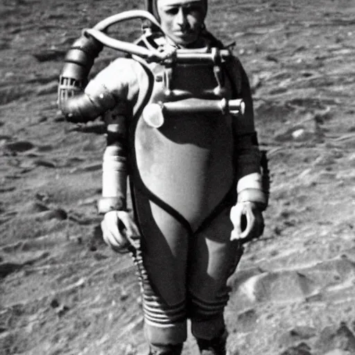 Image similar to detailed photo of a diver wearing an early diving suit. the diver is holding an electric guitar on the moon. old diving suit pictures. old diving suit. early diving suit. old diving suit photos. detailed