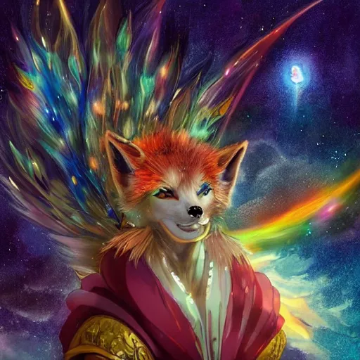 Prompt: an anime of a colorful starry fox peacock character with giant golden oni fangs, wearing star filled mage robes, sitting in an illuminated observatory at night, art by yuji ikehata, realism, detailed, proper human proportions, fully clothed