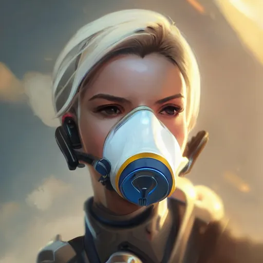 Image similar to mercy overwatch wearing cyber gas mask, 8 k resolution, highly detailed, intricate, very beautiful face, very detailed eyes, by greg rutkowski, wlop