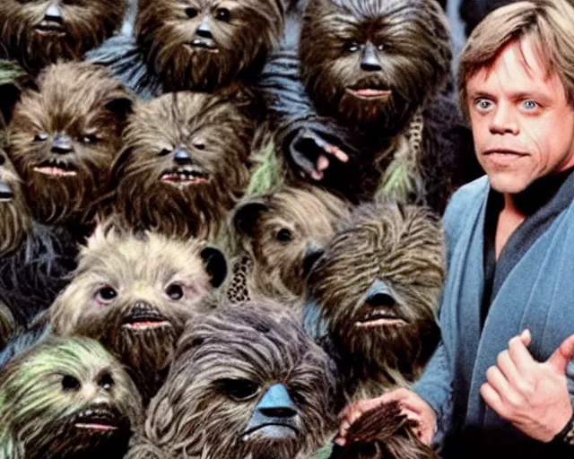 Image similar to Mark Hamill as Luke Skywalker with 10,100 adoring Ewoks.