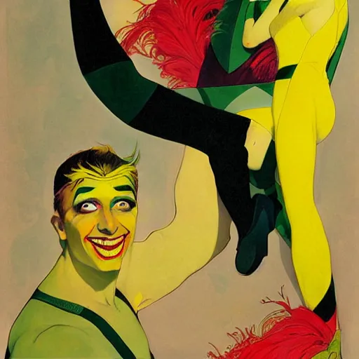 Image similar to art by joshua middleton, the yellow creeper, a tall manically smiling yellow - skinned man with green and black striped cycling shorts and wearing a long red feather boa, yellow makeup, mucha, kandinsky, poster, comic art, stylised design