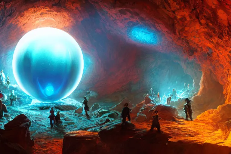 Image similar to a group of miners discover a glowing alien egg with intricate markings inside a deep diamond cave, concept art, digital painting, trending on artstation, deviantart, highly detailed, perfect composition, dramatic lighting, sharp focus, 8 k uhd