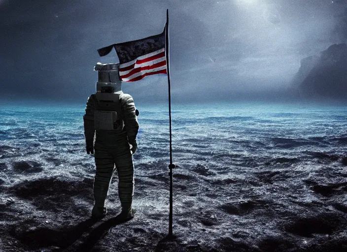 Image similar to astronaut holding a flag in an underwater desert. a submarine is visible in the distance. dark, concept art, cinematic, dramatic, atmospheric, 8 k, trending on artstation, blue, fish, low visibility, fog, ocean floor, christopher nolan, interstellar