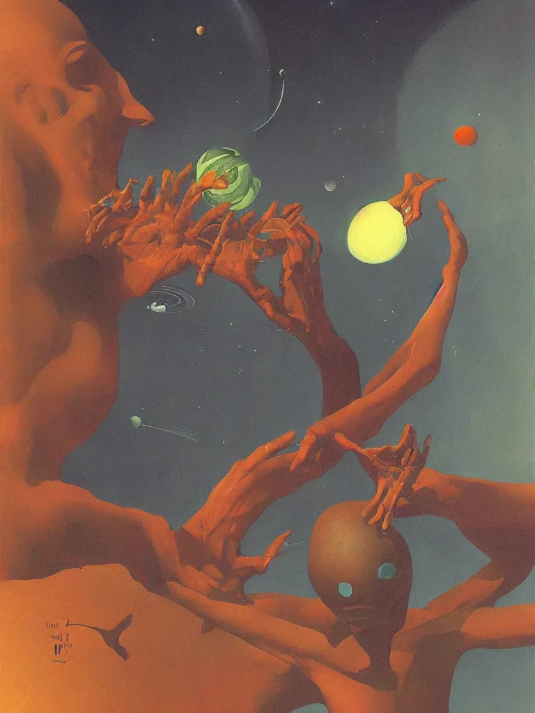 Image similar to alien wearing astronout suit and catch a planet on her hand edward hopper and james gilleard, zdzislaw beksinski highly detailed