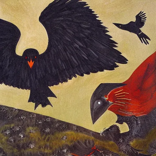 Prompt: huginn fighting muninn in front of odin, detailed painting