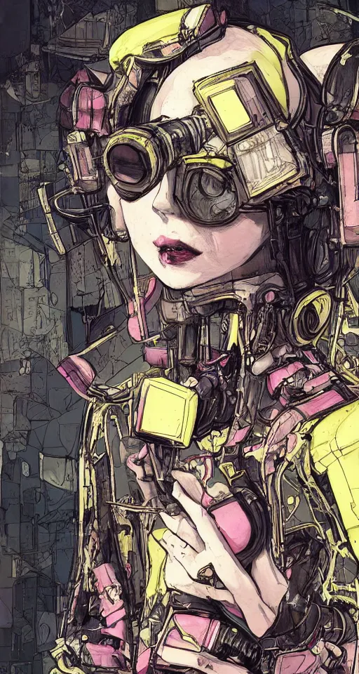 Image similar to full page scan, detailed concept art, Renaissance style, illustration, decay, mathematics and geometry, human, aesthetic, saturated, yellow and pink, vr headset, debased, portrait of a female cyborg cyberpunk gutter punk wearing vr goggles in the style of blame! manga