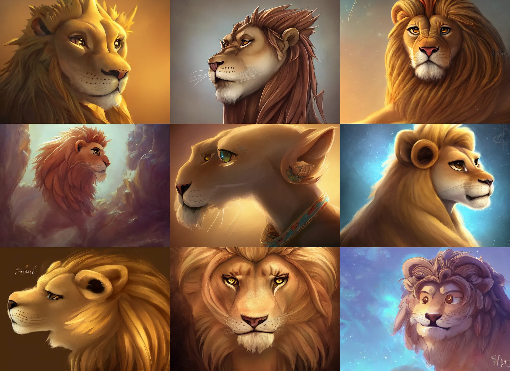 Prompt: beautiful detailed character design of an egyptian lion. deviantart adoptable, style of maple story and zootopia, portrait studio lighting by jessica rossier and brian froud in the style of disney, artstation deviantart