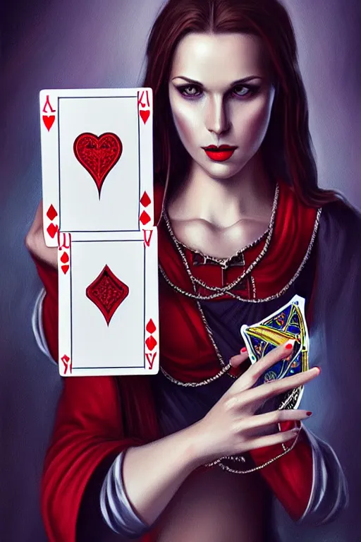 Prompt: female magician holding playing cards, esp cards, tarot cards, crystall ball, realistic, modern, intricate, elegant, highly detailed, digital painting, artstation, concept art, addiction, chains, smooth, sharp focus, illustration, art by ilja repin