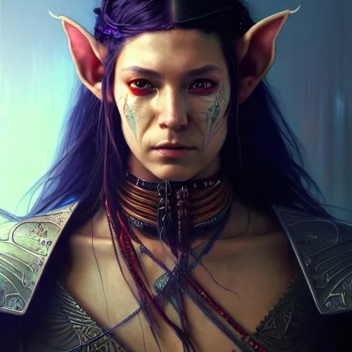 Image similar to portrait painting of a cyberpunk native american elf elven street samurai, ultra realistic, concept art, intricate details, eerie, highly detailed, photorealistic, octane render, 8 k, unreal engine. art by artgerm and greg rutkowski and charlie bowater and magali villeneuve and alphonse mucha