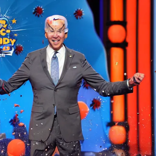 Image similar to joe biden getting slimed at the kids choice awards, dynamic, cinematic photo