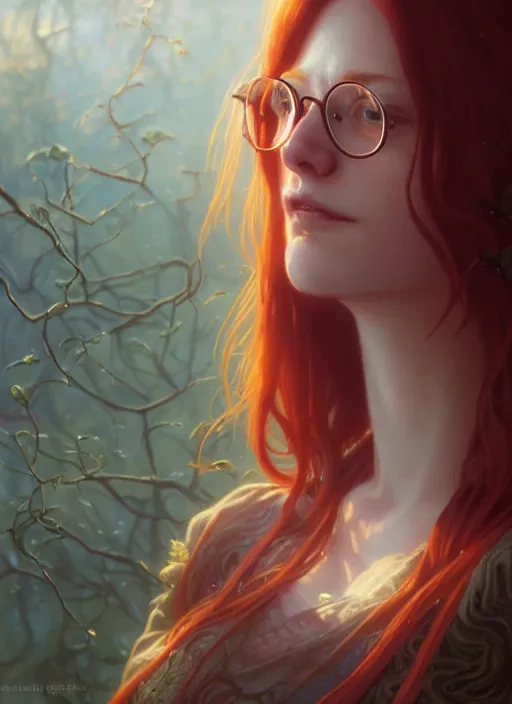 Prompt: highly detailed portrait of a redheaded woman with glasses, stephen bliss, unreal engine, fantasy art by greg rutkowski, loish, rhads, ferdinand knab, makoto shinkai and lois van baarle, ilya kuvshinov, rossdraws, tom bagshaw, alphonse mucha, global illumination, radiant light, detailed and intricate environment