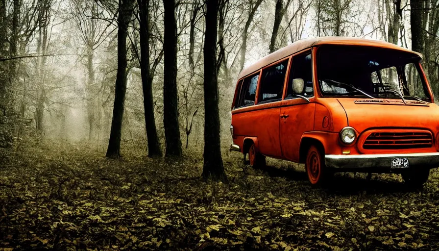 Prompt: Scooby van in a scary forest, 4k photography award winning,