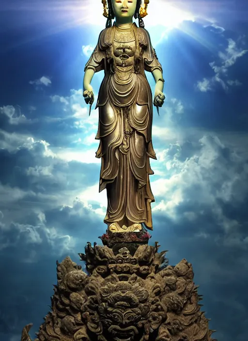 Image similar to guanyin stand on big loutus, a godness of the southern seas, a realistic setting with muted colors, visual novel cover, by yoshitaka amano, zeng fanzhi, jane hamilton, tiffany studios, sunrays shine uponit, frostbite 3 engine, cryengine, dof, trending on artstation, digital art, fantasy detailed background