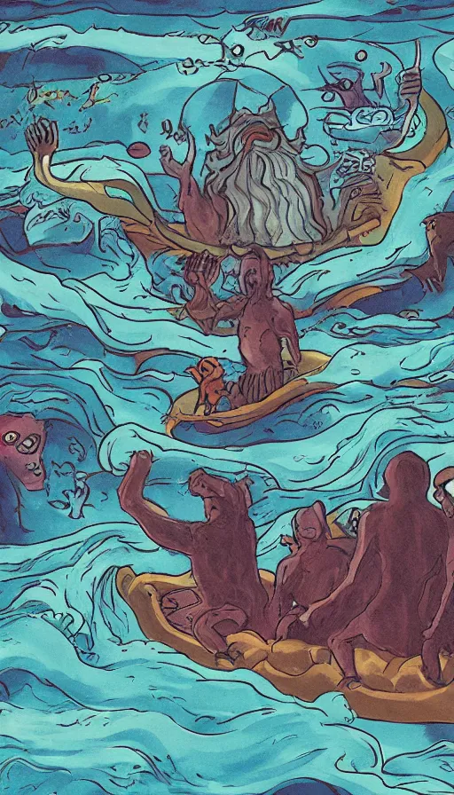 Image similar to man on boat crossing a body of water in hell with creatures in the water, sea of souls, by rebecca sugar