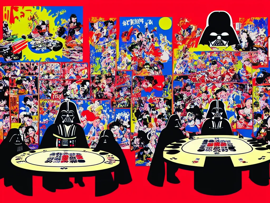 Image similar to hyper - realistic composition of a large room with an extremely detailed poker table in the center, woman in traditional japanese kimono standing nearby, darth vader sitting at the table, fireworks in the background, pop art style, jackie tsai style, andy warhol style, acrylic on canvas, dull palette