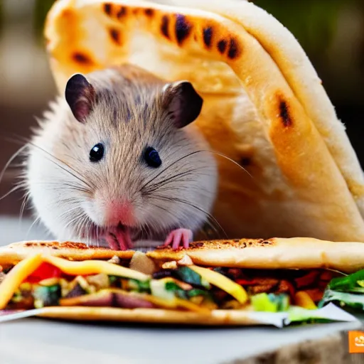 Image similar to detailed photo of a hamster eating a kebab, outdoors, various poses, full body, daylight, 8 k