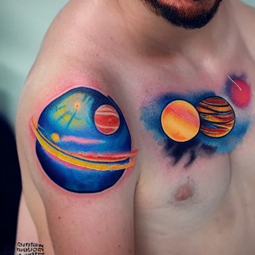 Image similar to tattoo design of abstract solar system with orbits and planets, thin lines of ink with colors