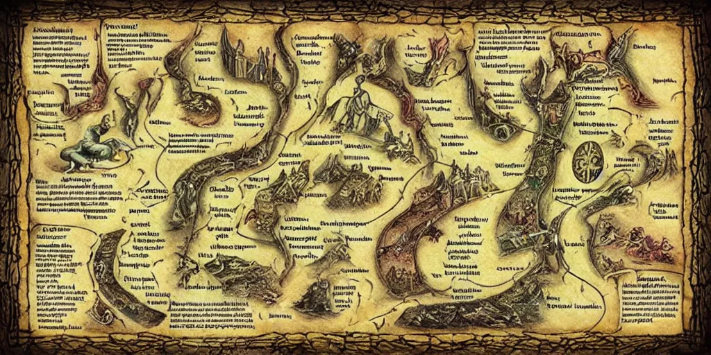 Image similar to insane ancient mystical instructional maps, elven secrets, full color,