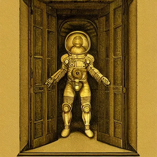 Image similar to golden ratio, pencil art, space astronaut, opening door showing space and time created by leonardo davinci with extra detail, epic.