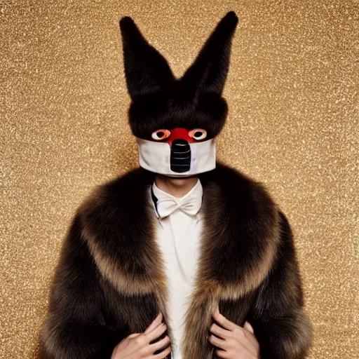 Image similar to a beautiful young male wearing a furry kitsune mask, photographed by erwin olaf for a fashion editorial, expensive art direction