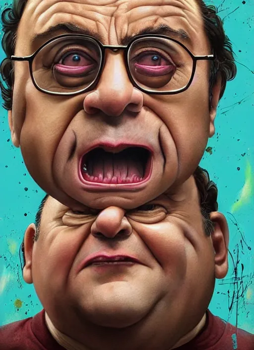 Prompt: heinously funny portrait of Danny Devito as Frank in the comedy Always Sunny in Philadelphia, by Tristan Eaton, Stanley Artgermm, Tom Bagshaw, Greg Rutkowski, Carne Griffiths. trending on DeviantArt, face enhance, hyper detailed, trending on Artstation, 8k, masterpiece, graffiti paint, fine detail, full of color, intricate detail, golden ratio illustration