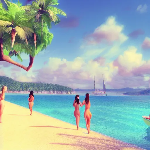 Image similar to utopian beach, women, naturist, boats, realistic, unreal engine, artstation,