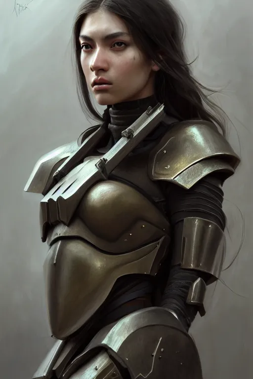 Image similar to a photorealistic painting of an attractive young girl, partially clothed in stealth-like battle armor, olive skin, long dark hair, beautiful bone structure, symmetrical face, perfect eyes, intricate, elegant, digital painting, concept art, illustration, sharp focus, minimal artifacts, from Metal Gear, in the style of Ruan Jia and Mandy Jurgens and Greg Rutkowski, trending on Artstation, award winning