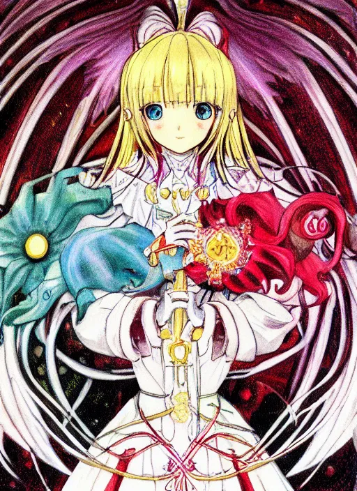 Image similar to intricately beautiful designed clow cards, Madoka Magica, high detail, painting, by CLAMP, in the style of Akiyuki Shinbo