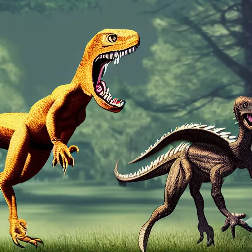 Image similar to a velociraptor fighting a compy