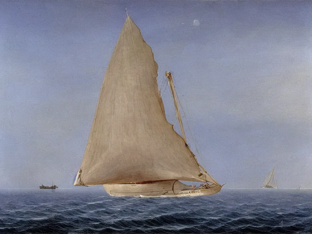 Prompt: A modern white sailing boat on the sea in the Esterel. Painting by Caspar David Friedrich, Roger Dean, Walton Ford