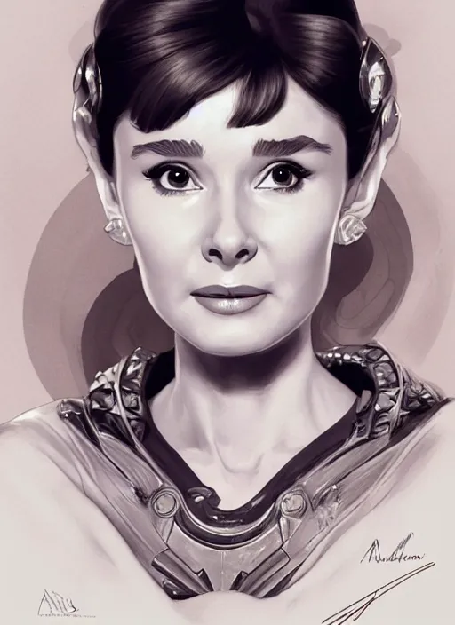 Image similar to Audrey Hepburn as Princess Leia, fantasy, intricate, elegant, highly detailed, digital painting, artstation, concept art, smooth, sharp focus, illustration, art by artgerm and greg rutkowski and alphonse mucha