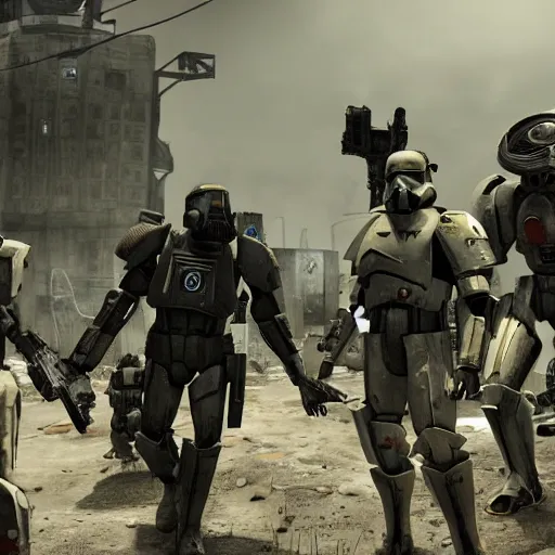 Image similar to three enclave soldiers standing in the foreground, half - life combine, fallout enclave armor, wolfenstein, killzone, deathtrooper, huge spaceship