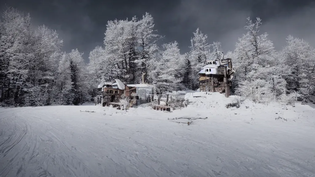 Image similar to beautiful Nier Automata landscape at an abandonned ski station, near a chairlift, winter