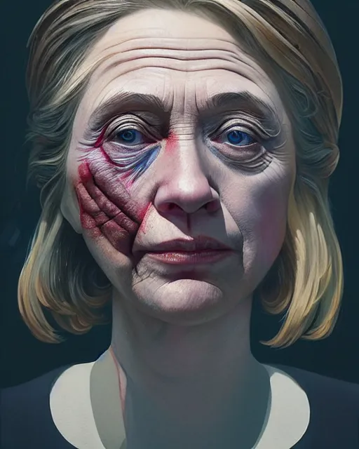 Image similar to highly detailed vfx portrait of a beaten up hillary clinton, stephen bliss, unreal engine, greg rutkowski, loish, rhads, beeple, makoto shinkai and lois van baarle, ilya kuvshinov, rossdraws, tom bagshaw, alphonse mucha, global illumination, detailed and intricate environment