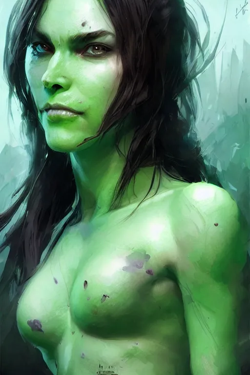 Image similar to green orc female, light green tone beautiful face, by artgerm, by greg rutkowski, by jeremy mann, digital painting
