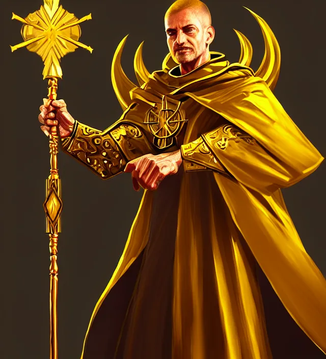 Prompt: a golden priest with a power and a scepter in his hands, digital art, concept art, high detailed