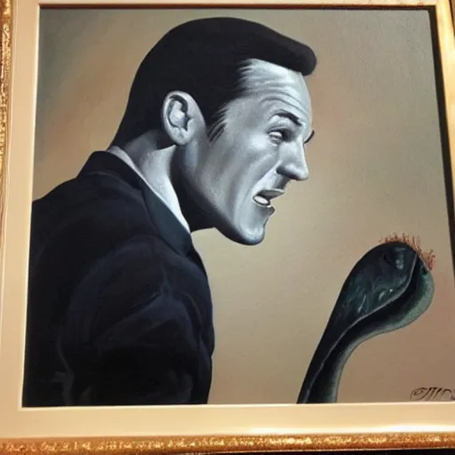 Image similar to beautiful lifelike painting of gene kelly demanding a refund on undercooked overpriced dinosaur steak in downtown dive bar bistro, hyperreal detailed facial features and uv lighting, art by osamu sato