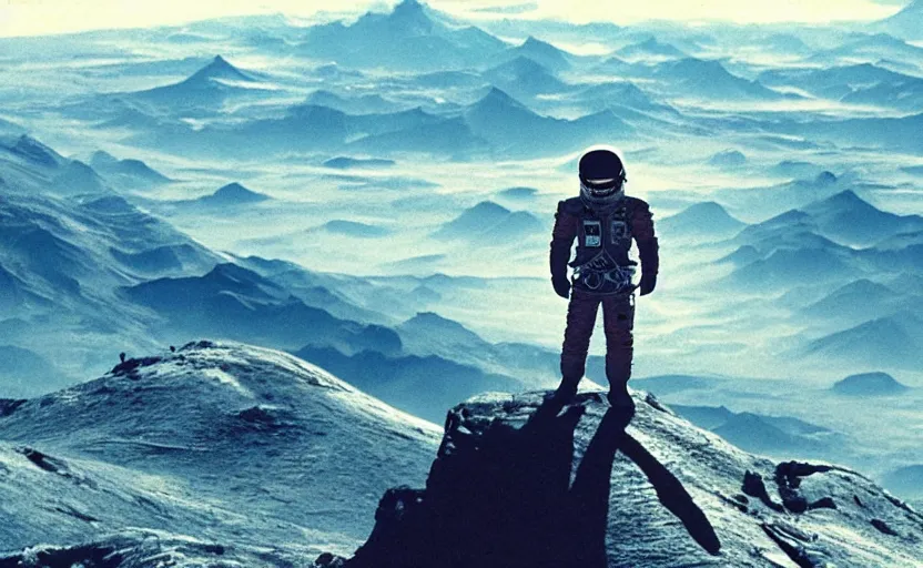 Prompt: A long cosmonaut standing atop an alien mountain stares up into space, emotional, vast, cinematic, IMAX, by Christopher Nolan