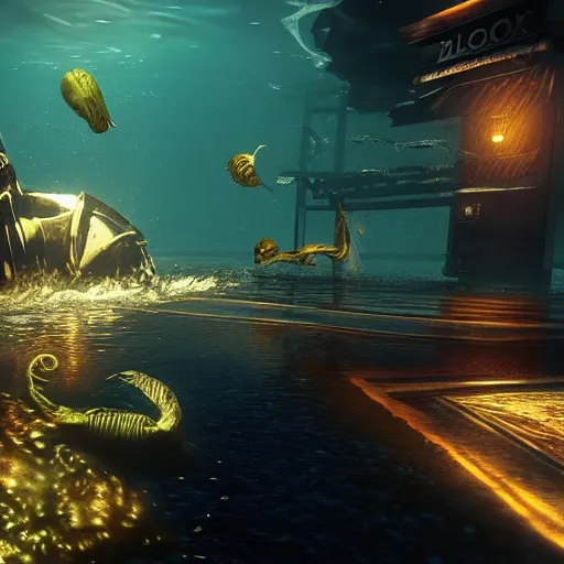 Image similar to rapture bioshock, city at sea floor, water, submerged, seaweed, fish, realistic, detailed, underwater, dark