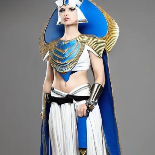 Image similar to perfect white haired attractive egyptian goddess warframe armor pharaoh headdress beautiful symmetric model like blue instense eyes pretty