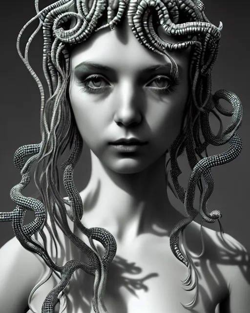 Image similar to mythical dreamy underwater artistic black and white 3 d render of a translucent beautiful young female angelic - medusa - vegetal - doll, highly detailed, intricate crystal ivy jelly ornate, poetic, translucent algae ornate, digital art, octane render, 8 k artistic photography, photo - realistic, hg giger flora borsi