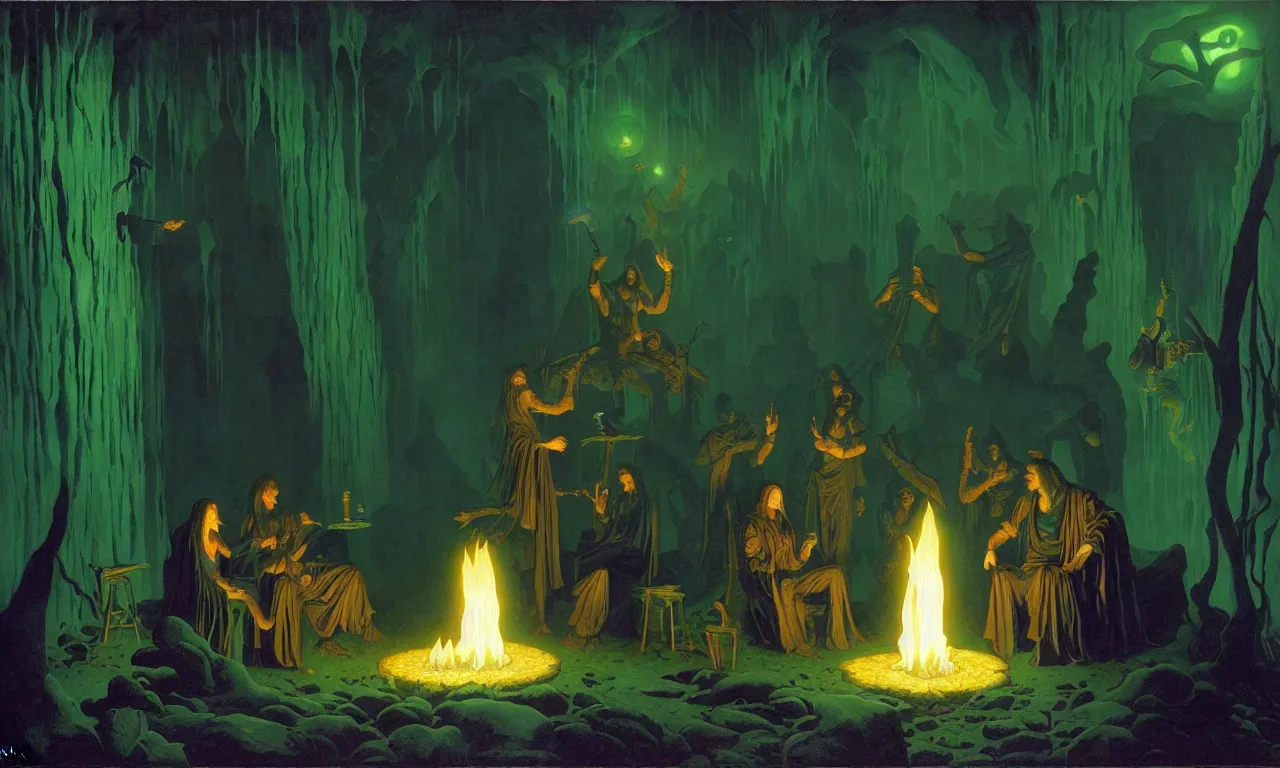 Prompt: The arcane sages in their séance cave by Albert Bierstadt and Gerald Brom and Dan Mumford and Greg Hildebrandt and Dean Ellis, floating metallic objects, blue flames, low light, glowing green crystals