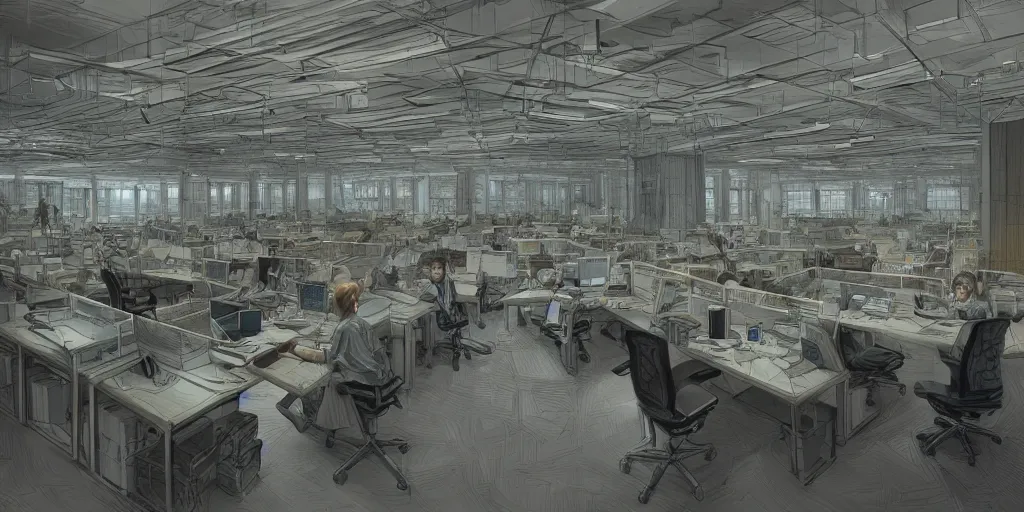 Prompt: endless office by alan lee, intricate, highly detailed, digital painting, artstation, concept art, smooth, sharp focus, illustration, vfx