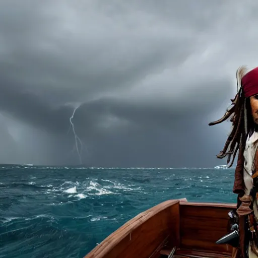 Image similar to jack sparrow on the black pearl looking out on an endless dark ocean with an ominous thunder cloud coming towards to the ship