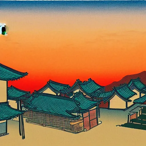 Prompt: sunset in a japanese village by osamu tezuka