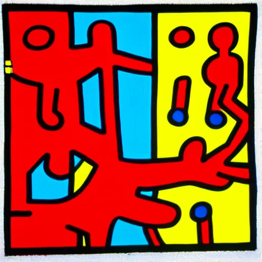 Prompt: acrylic abstract painting using primary red and blue on canvas, by keith haring and andy warhol